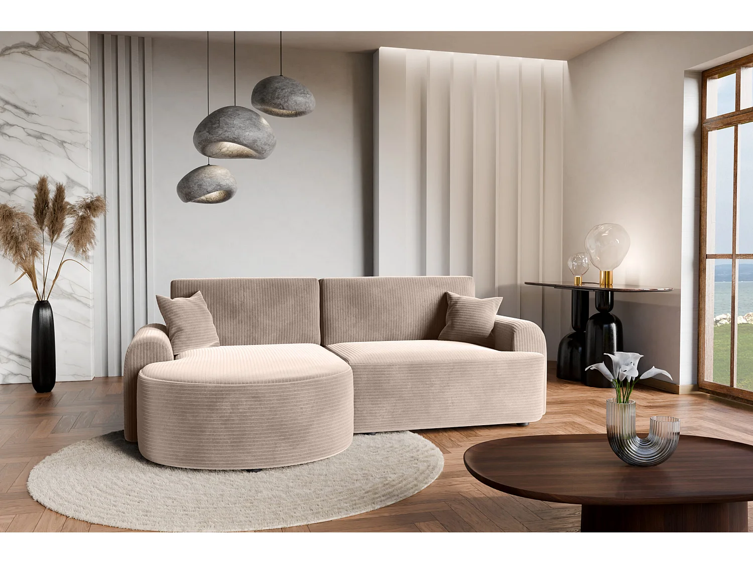 Canapé d'Angle gauche avec fonction de couchage ARTE PREMIUM coffre en velours côtelé beige du fabricant - VINOTTI