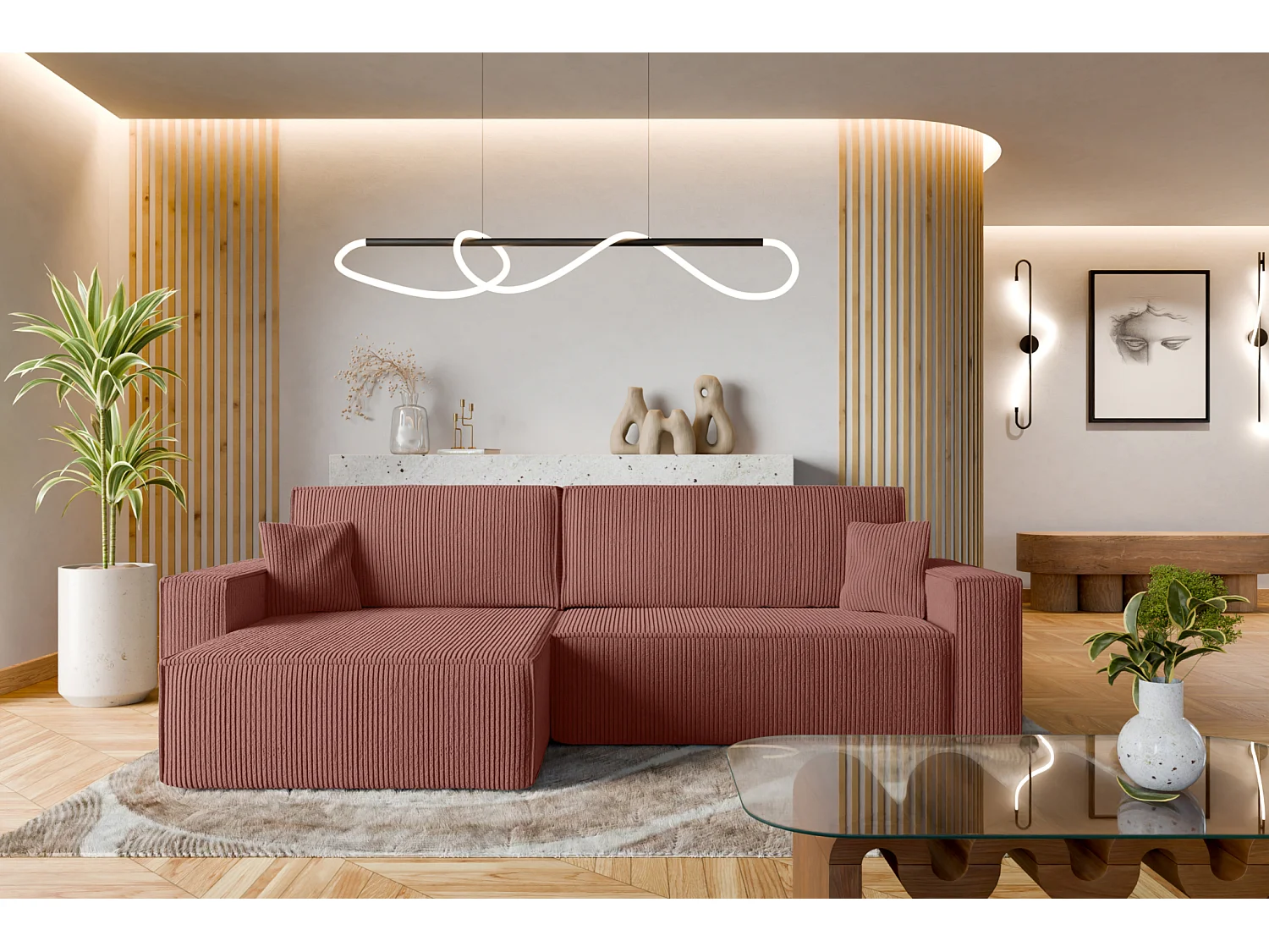 Canapé d'Angle réversible convertible avec fonction de couchage Karl XL coffre universel en velours côtelé cuivre du fabricant - VINOTTI