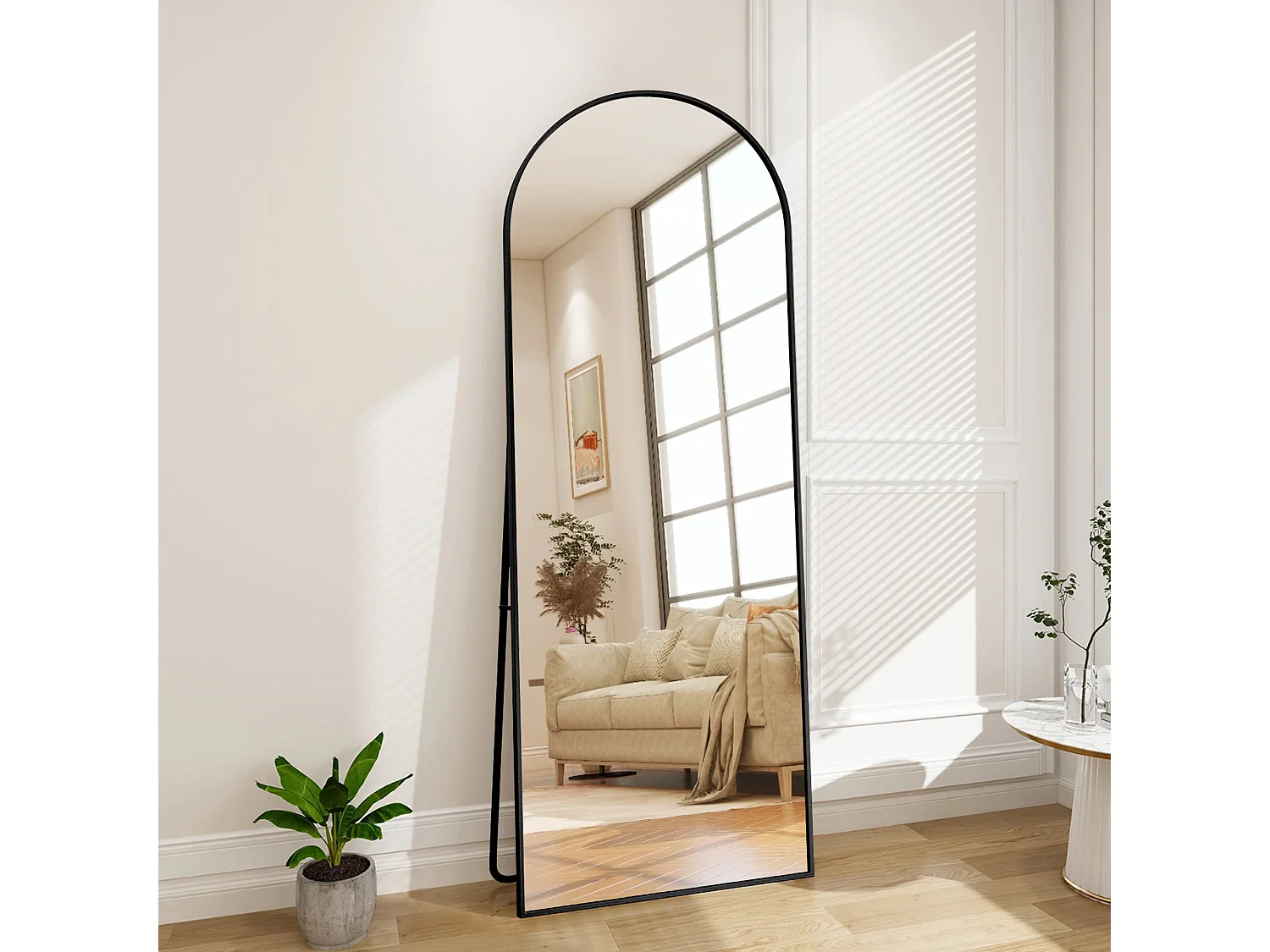 Gebogen staande spiegel 174×63 cm met zwarte lijst – Elegant en vintage design, veelzijdig (ophangen of neerzetten)