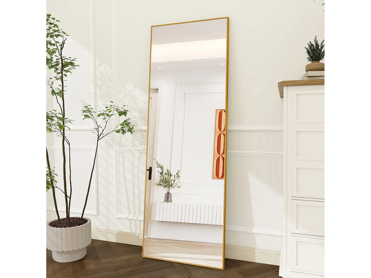 Rechthoekige staande spiegel 177×77 cm met gouden lijst – Minimalistisch en modern design