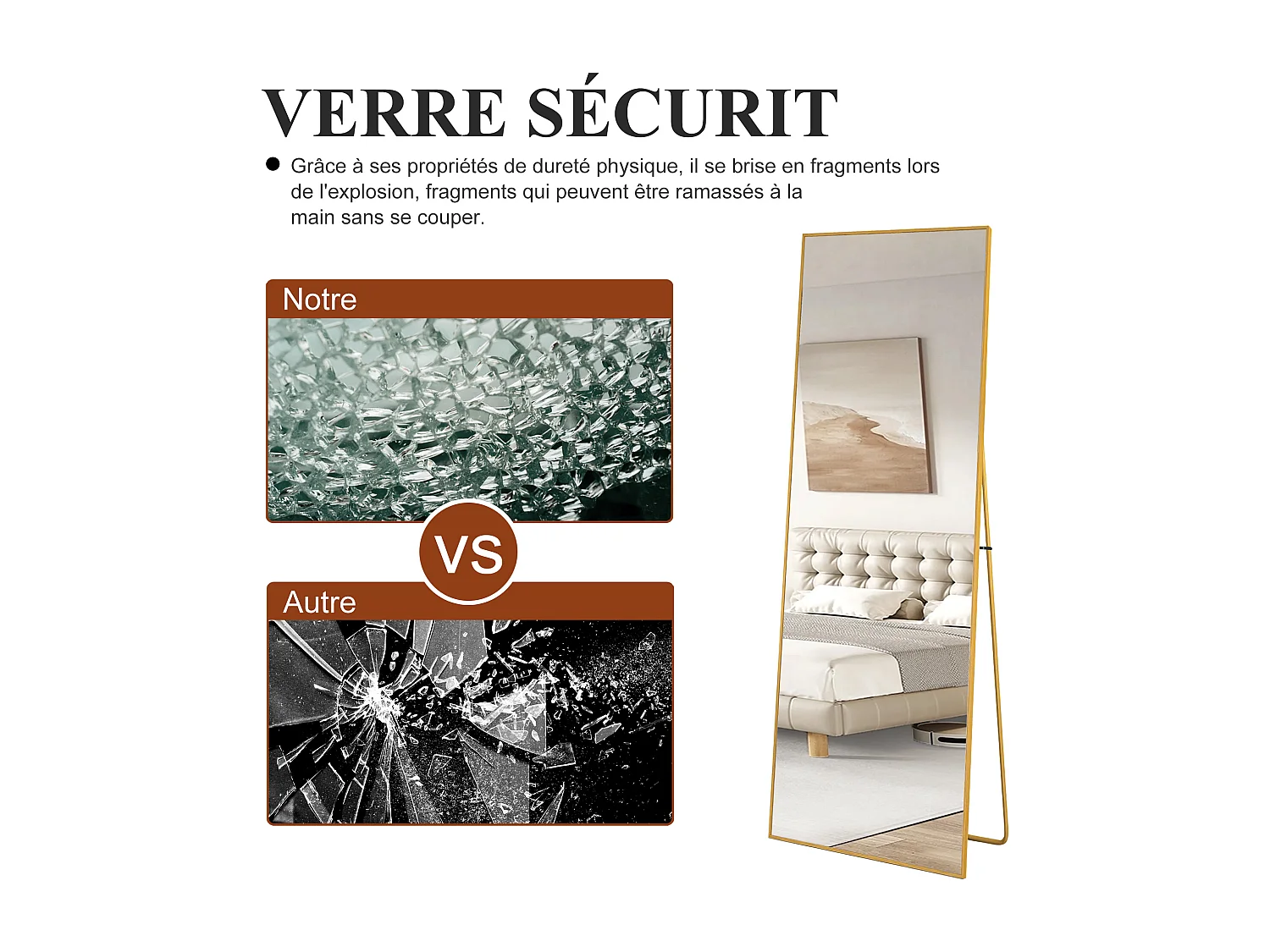 Rechthoekige staande spiegel 177×77 cm met gouden lijst – Minimalistisch en modern design