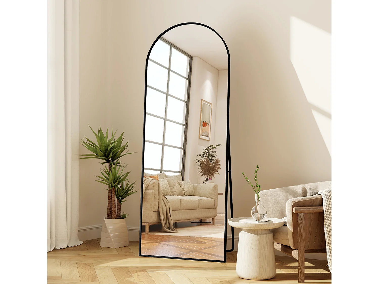 Gebogen staande spiegel 177×77 cm met zwarte lijst – Elegant en vintage design, veelzijdig (ophangen of neerzetten)