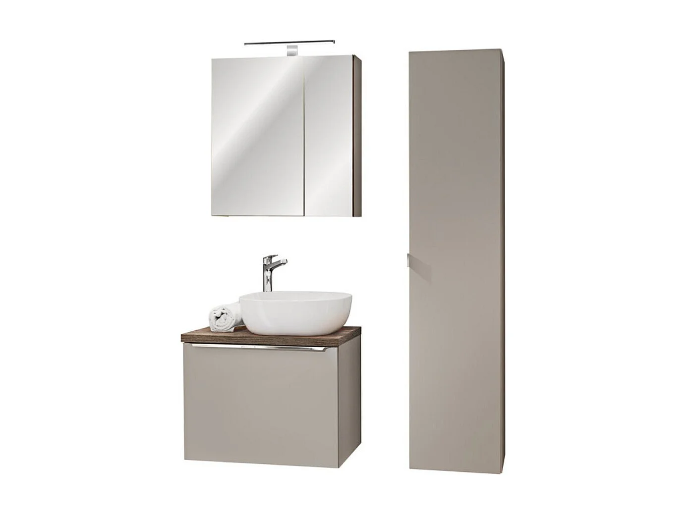 Ensemble VANTA taupe : meuble sous vasque 60cm + vasque à poser + colonne de rangement + miroir + LED