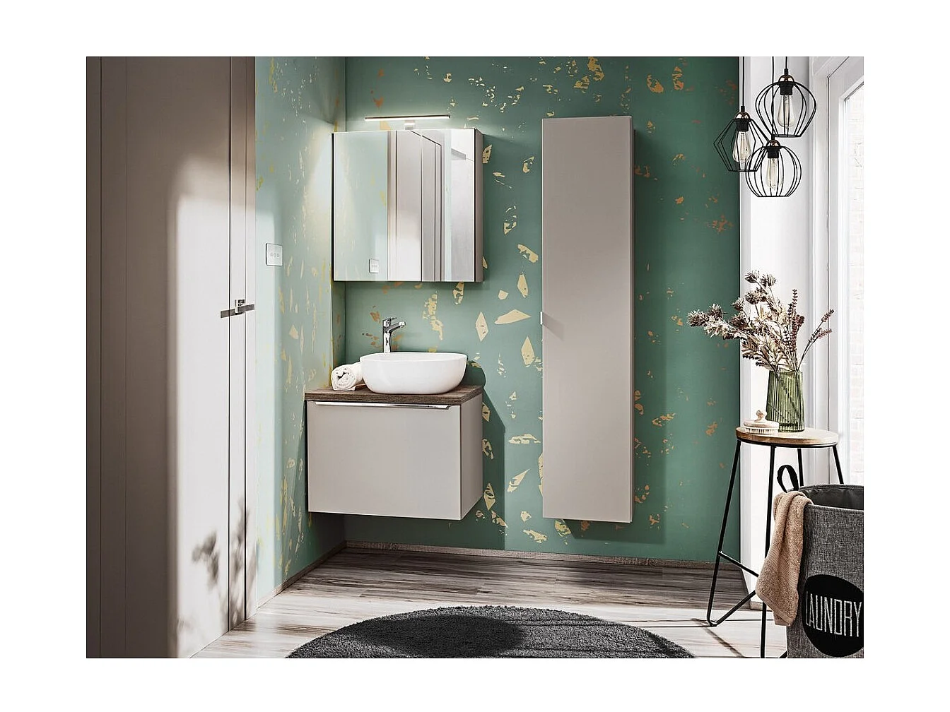 Ensemble VANTA taupe : meuble sous vasque 60cm + vasque à poser + colonne de rangement + miroir + LED