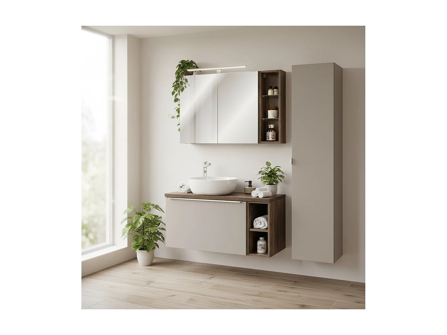 Ensemble VANTA taupe : meuble sous vasque 100cm + vasque à poser + meubles de rangement + miroir + LED