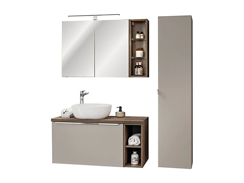 Ensemble VANTA taupe : meuble sous vasque 100cm + vasque à poser + meubles de rangement + miroir + LED