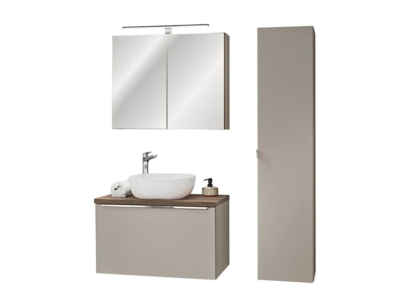 Ensemble VANTA taupe : meuble sous vasque 80cm + vasque à poser + meubles de rangement + miroir + LED