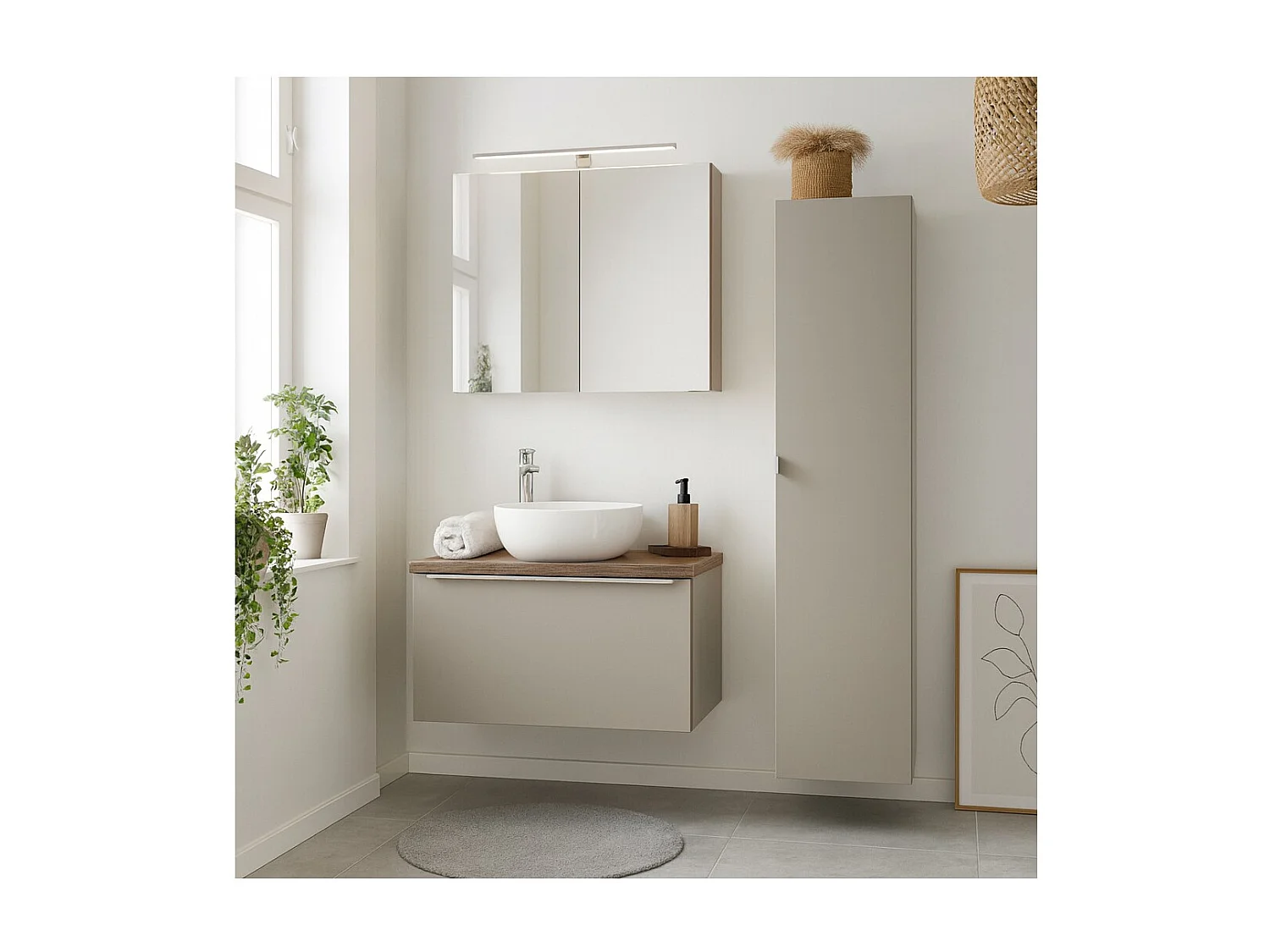 Ensemble VANTA taupe : meuble sous vasque 80cm + vasque à poser + meubles de rangement + miroir + LED