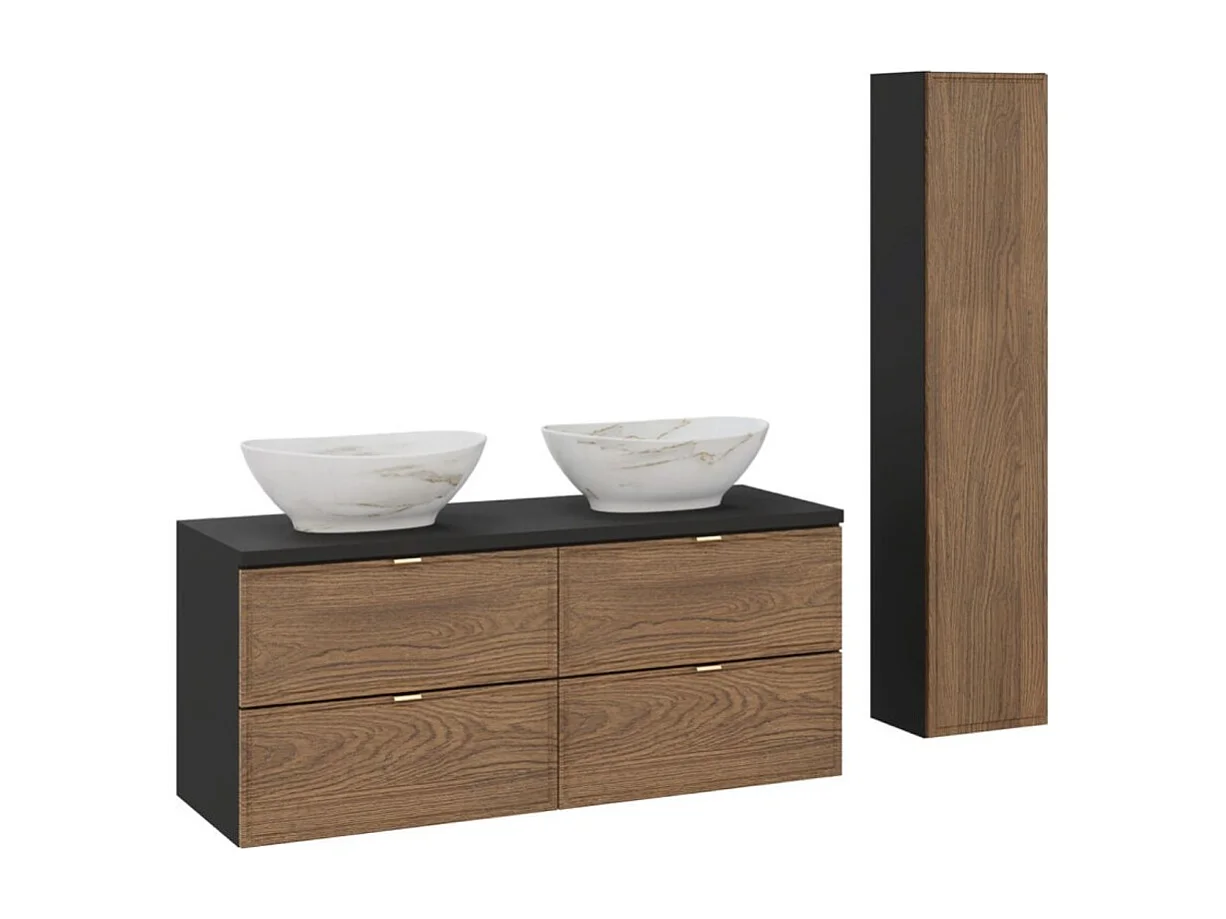 Badkamerset SAVIA: onderkastmeubel 120cm + opzetwasbak met marmer effect + opbergkolom