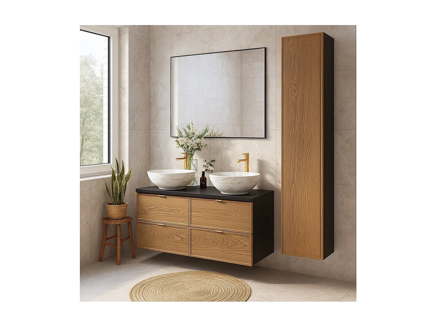 Badkamerset SAVIA: onderkastmeubel 120cm + opzetwasbak met marmer effect + opbergkolom