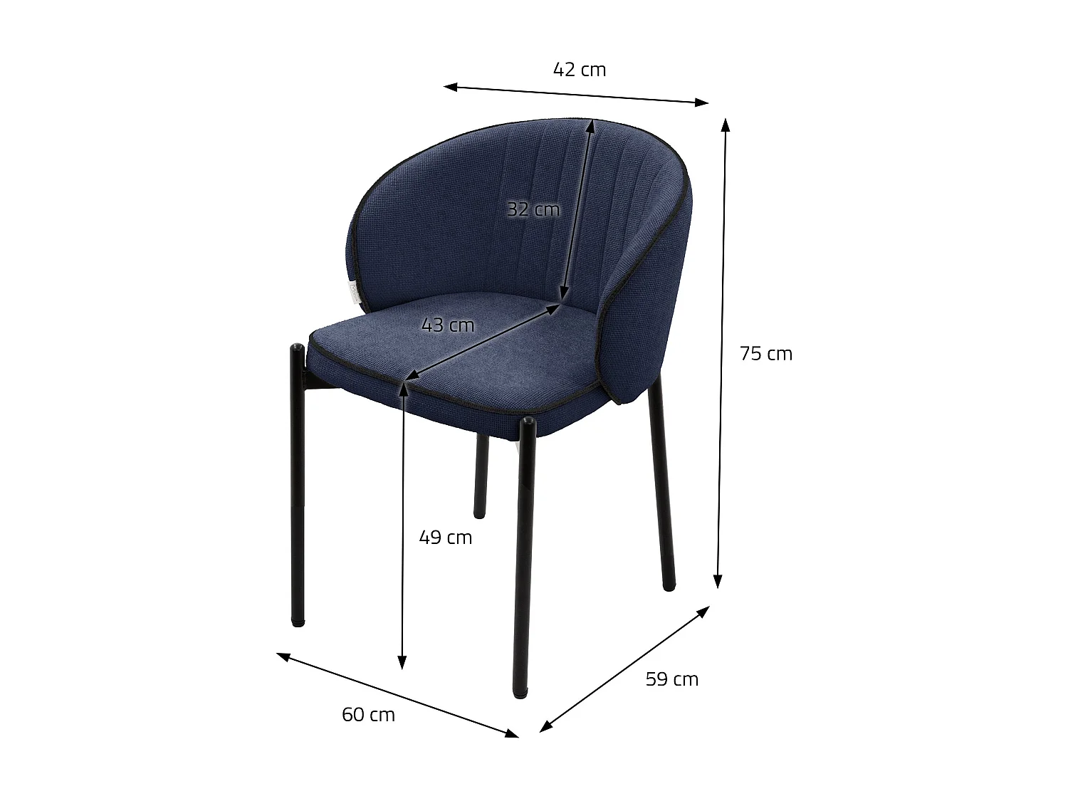 Set de 4 Chaises de salle à manger bleu foncé revêtues en tissu pieds en métal robustes fauteuils rembourrés dossier ergonomique pour cuisine ou salon