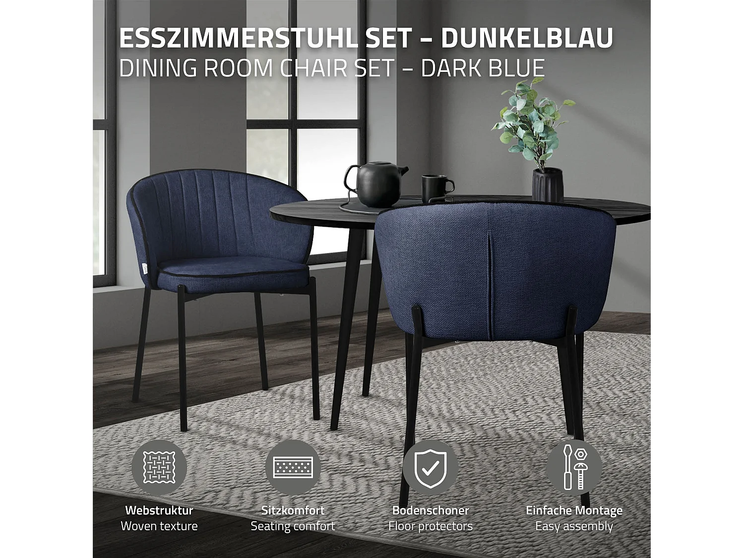 ML-Design 4x Sillas de comedor azul oscuro con revestimiento de tela, asiento sofá de salón con respaldo, mueble de cocina tapizado con patas de metal