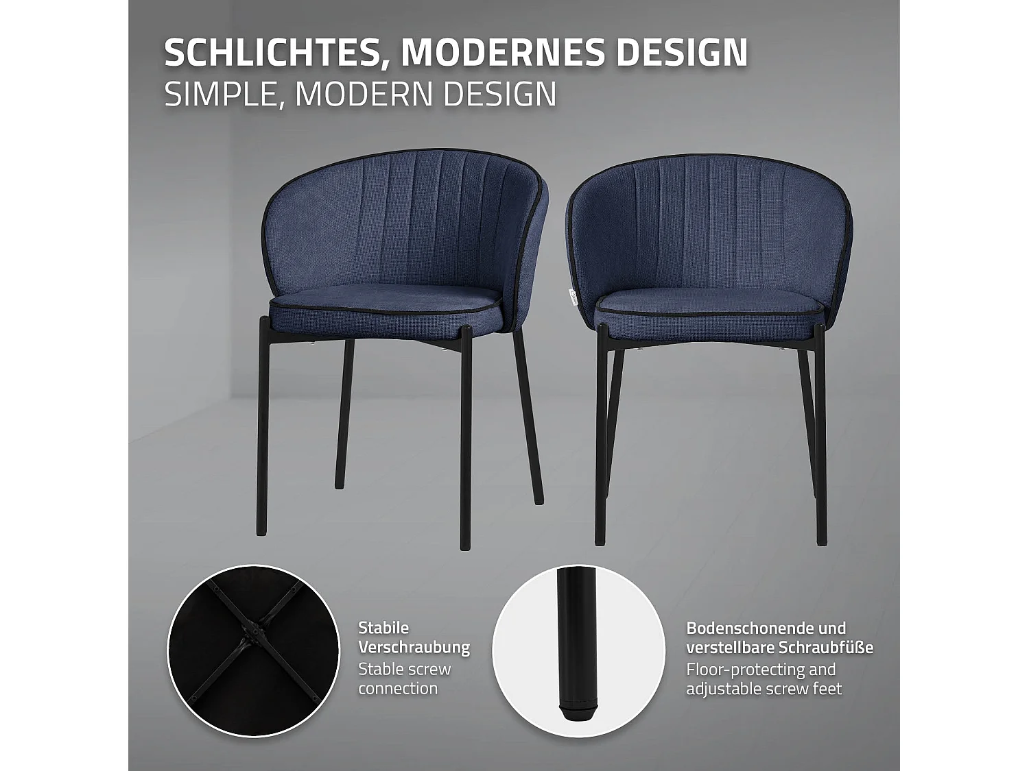 ML-Design 4x Sillas de comedor azul oscuro con revestimiento de tela, asiento sofá de salón con respaldo, mueble de cocina tapizado con patas de metal