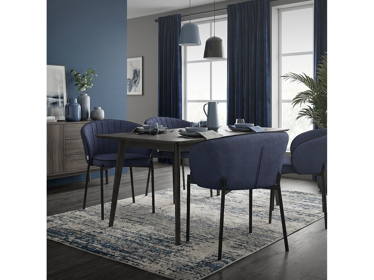 ML-Design 4x Sillas de comedor azul oscuro con revestimiento de tela, asiento sofá de salón con respaldo, mueble de cocina tapizado con patas de metal