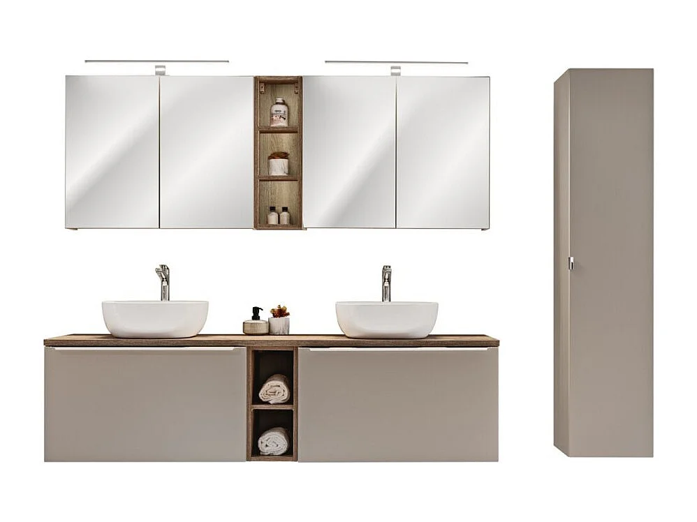 Ensemble VANTA taupe : meubles sous vasque 180cm + vasques à poser + meubles de rangement + miroirs + LEDs