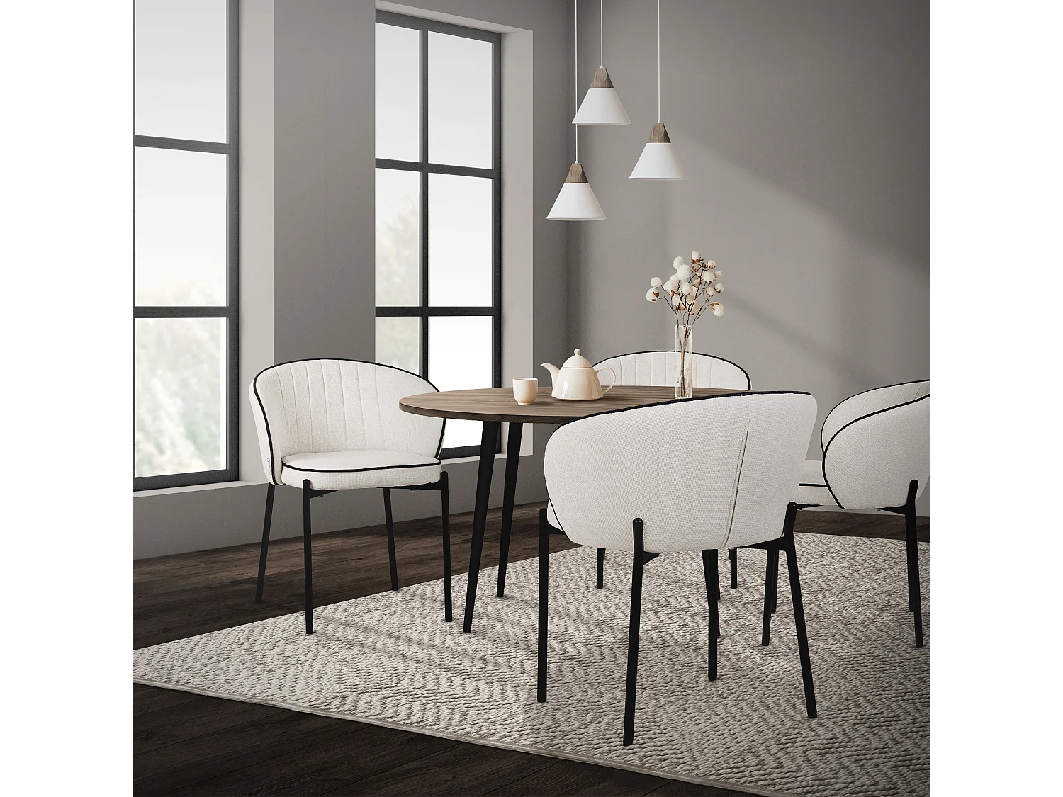 Set de 4 Chaises de salle à manger beige revêtement en tissu pieds en métal robustes fauteuils rembourrés dossier ergonomique pour cuisine ou salon