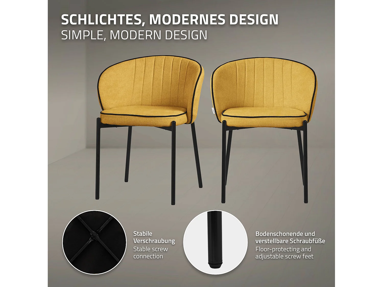 ML-Design 2x Sillas de comedor mostaza con revestimiento de tela, asiento sofá de salón con respaldo, mueble de cocina tapizado con patas de metal