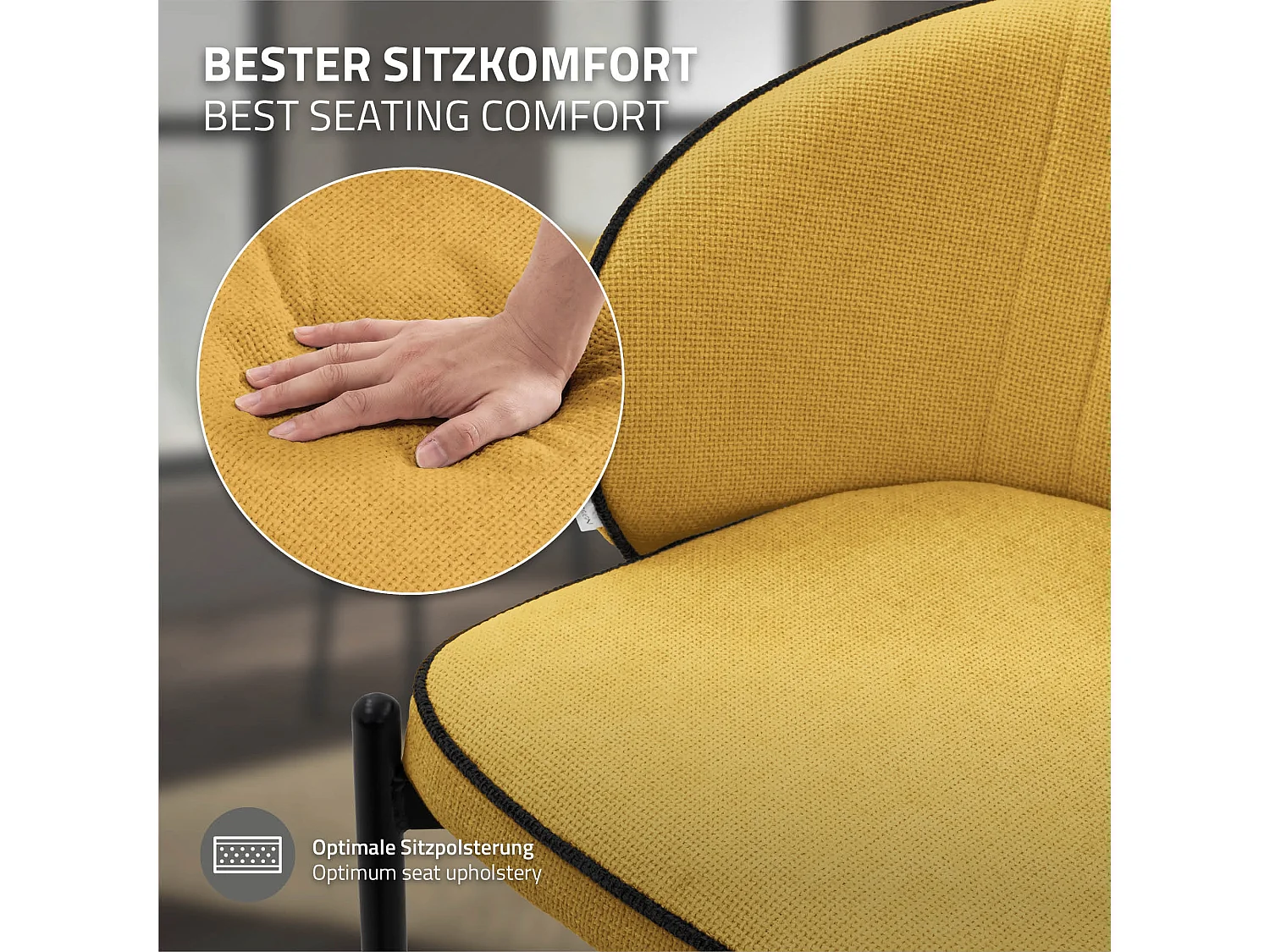 ML-Design 2x Sillas de comedor mostaza con revestimiento de tela, asiento sofá de salón con respaldo, mueble de cocina tapizado con patas de metal