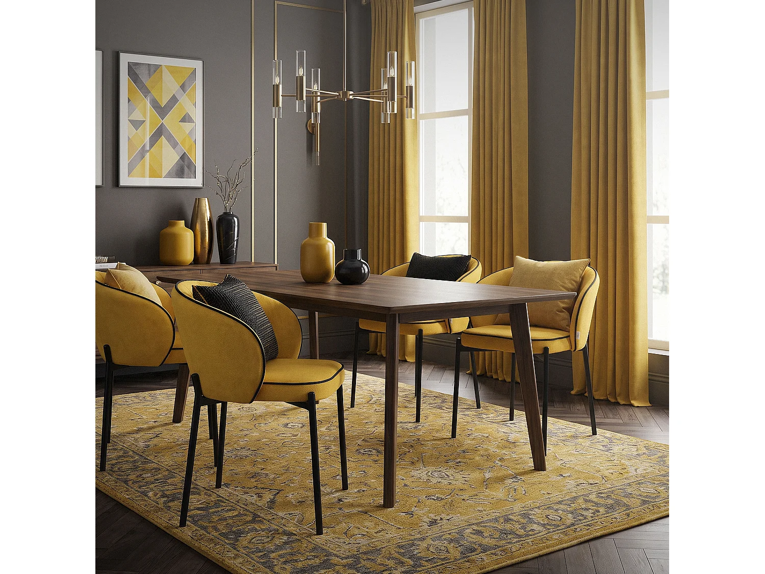 ML-Design 2x Sillas de comedor mostaza con revestimiento de tela, asiento sofá de salón con respaldo, mueble de cocina tapizado con patas de metal