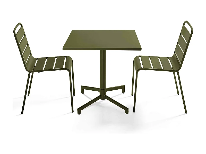 Ensemble table 70 cm et 2 chaises de jardin en métal vert kaki - Palavas