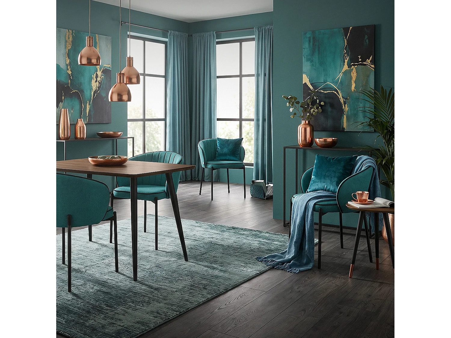 ML-Design 2x Sillas de comedor turquesa oscuro con revestimiento de tela, asiento sofá de salón con respaldo, mueble tapizado con patas de metal