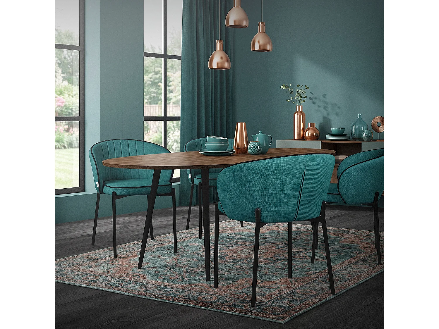 ML-Design 2x Sillas de comedor turquesa oscuro con revestimiento de tela, asiento sofá de salón con respaldo, mueble tapizado con patas de metal