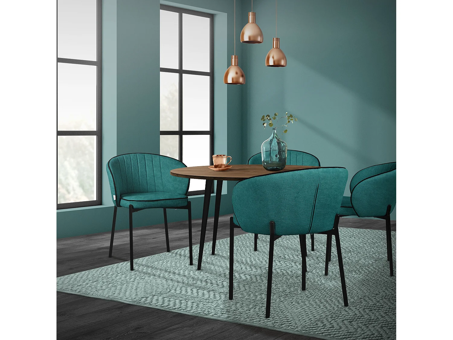 Set de 4 Chaises de salle à manger pétrole revêtement en tissu pieds en métal robustes fauteuils rembourrés dossier ergonomique pour cuisine ou salon