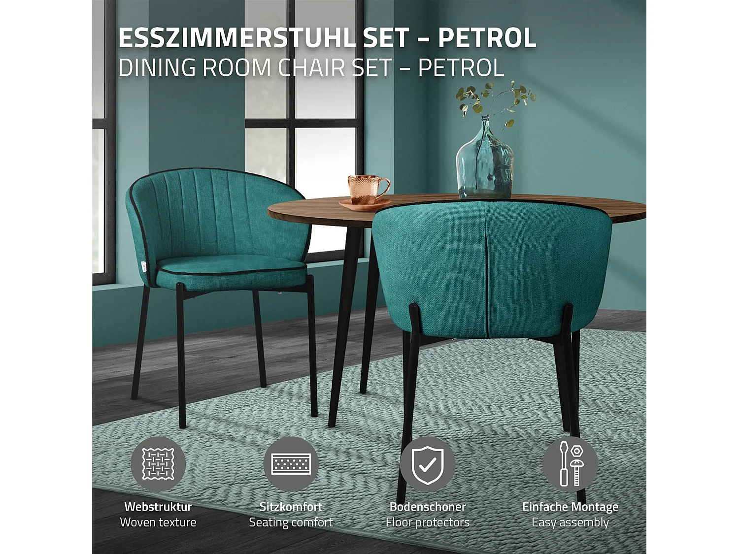 ML-Design Set 4x sedie da pranzo verde petrolio in tessuto, mobili con schienale e gambe in metallo, poltroncine imbottiteda cucina, poltrone per sogg