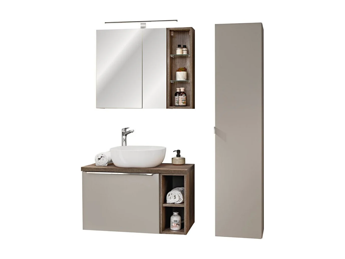 Ensemble VANTA taupe : meubles sous vasque 80cm + vasque à poser + meubles de rangement + miroirs + LED