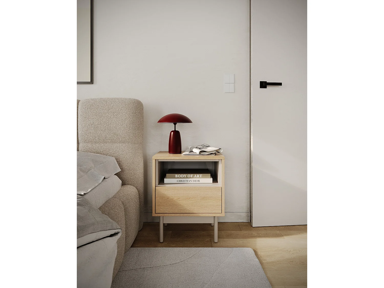 Nachttisch mit Schublade – offenes Fach – Eichenholzoptik / Kaschmirgrau – LAYEN