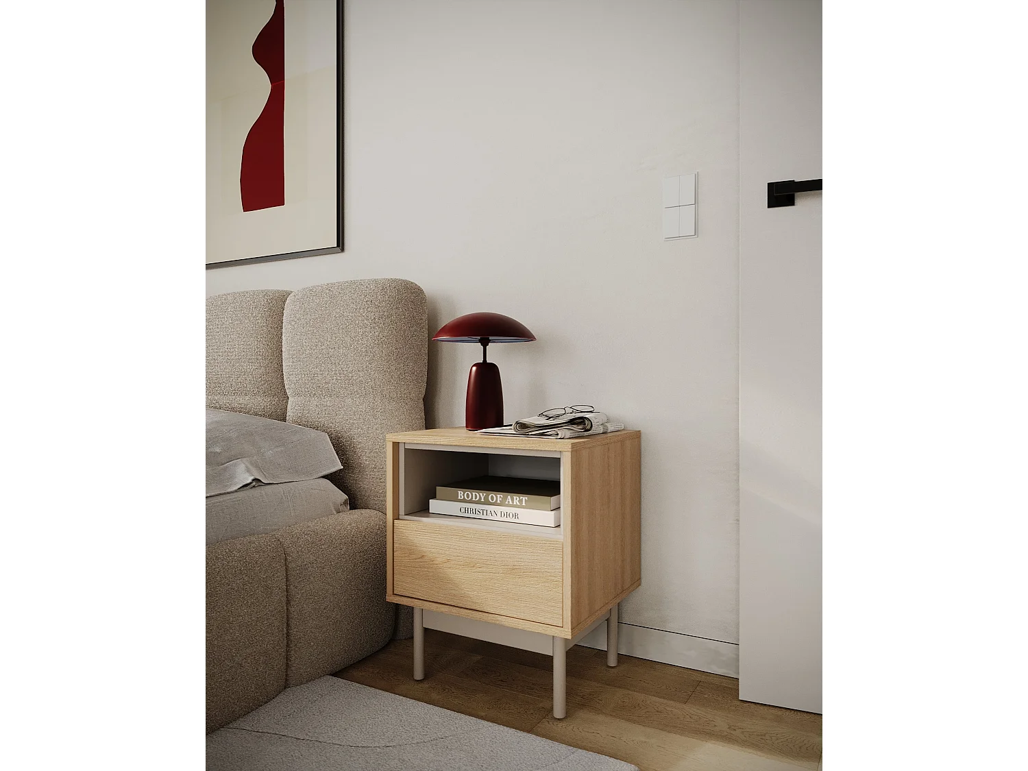 Nachttisch mit Schublade – offenes Fach – Eichenholzoptik / Kaschmirgrau – LAYEN