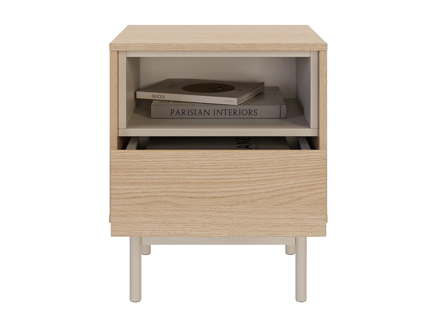 Nachttisch mit Schublade – offenes Fach – Eichenholzoptik / Kaschmirgrau – LAYEN