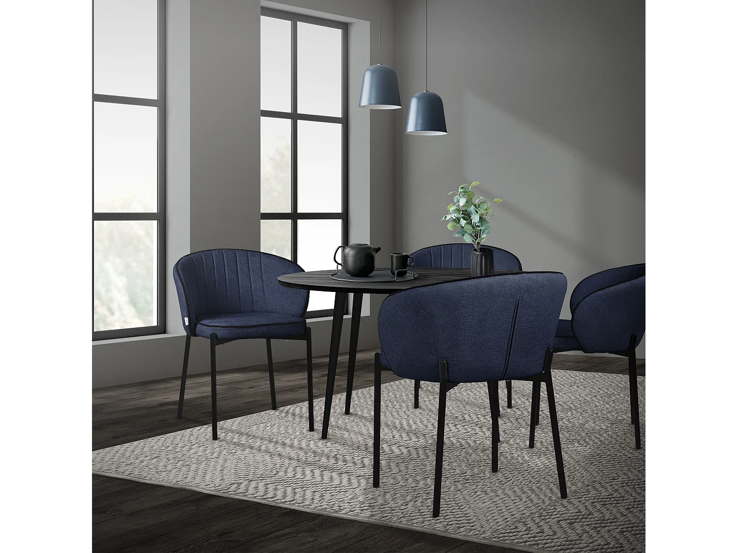 Set de 2 Chaises de salle à manger bleu foncé revêtues en tissu pieds en métal robustes fauteuils rembourrés dossier ergonomique pour cuisine ou salon