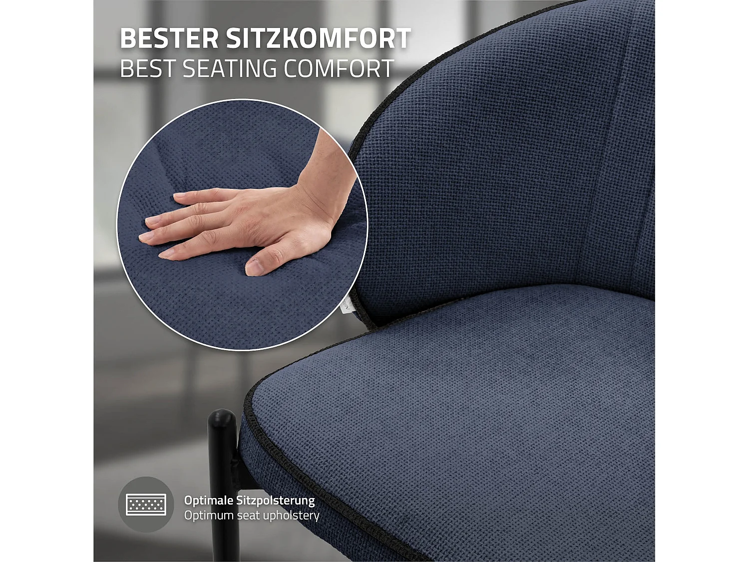 ML-Design 2x Sillas de comedor azul oscuro con revestimiento de tela, asiento sofá de salón con respaldo, mueble de cocina tapizado con patas de metal