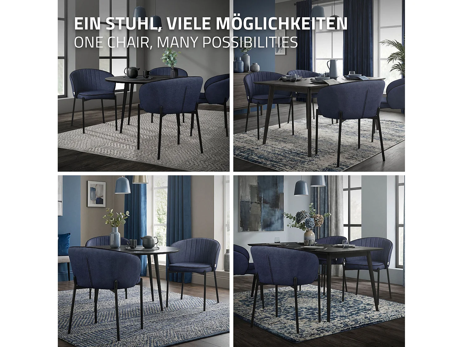 ML-Design 2x Sillas de comedor azul oscuro con revestimiento de tela, asiento sofá de salón con respaldo, mueble de cocina tapizado con patas de metal