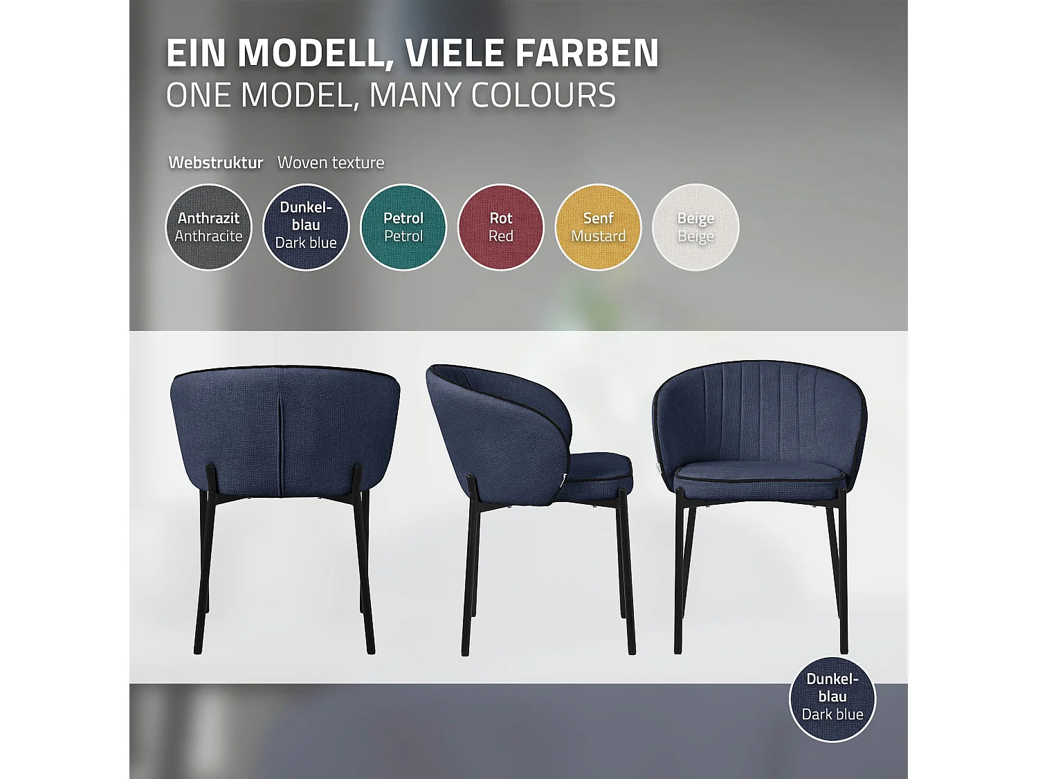 ML-Design 2x Sillas de comedor azul oscuro con revestimiento de tela, asiento sofá de salón con respaldo, mueble de cocina tapizado con patas de metal