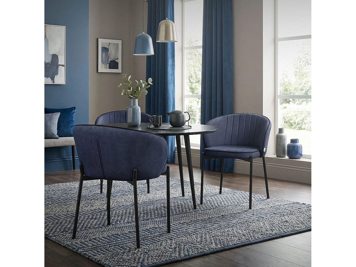 ML-Design 2x Sillas de comedor azul oscuro con revestimiento de tela, asiento sofá de salón con respaldo, mueble de cocina tapizado con patas de metal