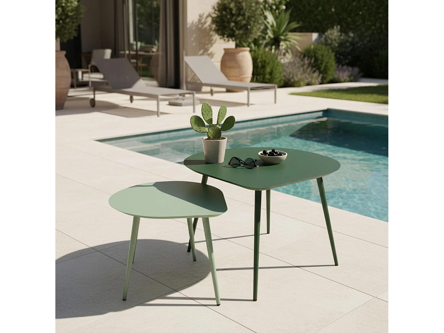 Lot de 2 tables basses de jardin en métal vert forêt et vert sauge