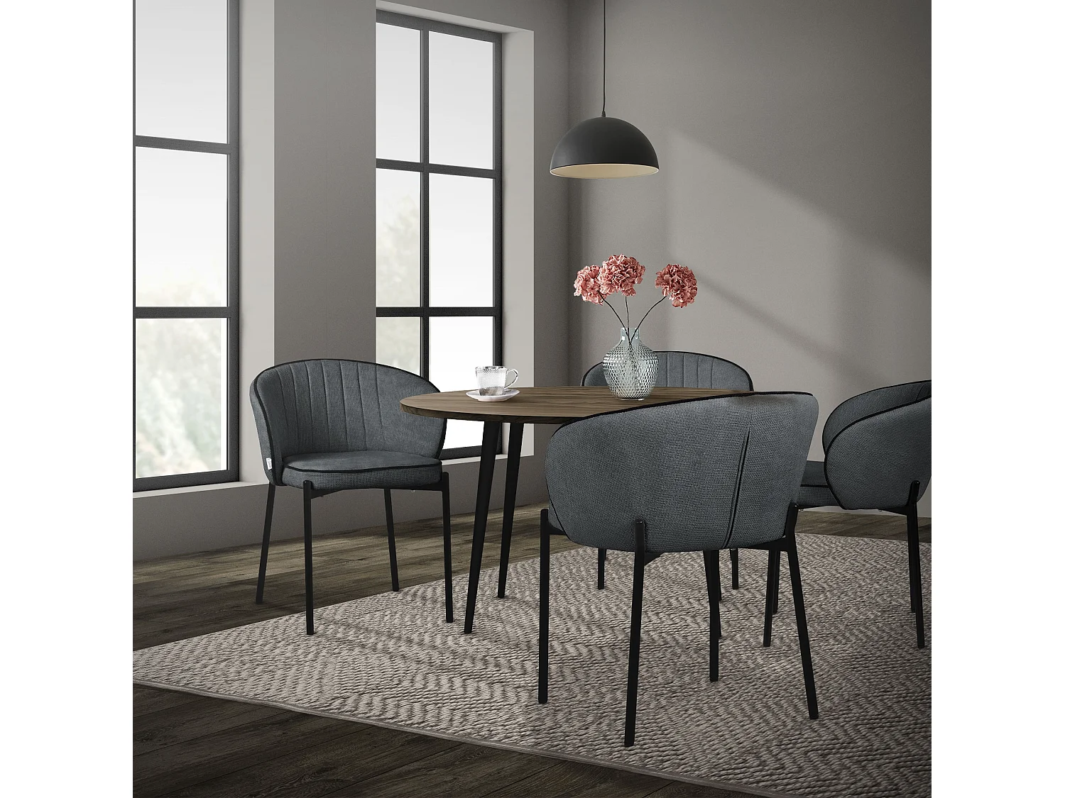 Set de 4 Chaises de salle à manger anthracite revêtues en tissu pieds en métal robustes fauteuils rembourrés dossier ergonomique pour cuisine ou salon
