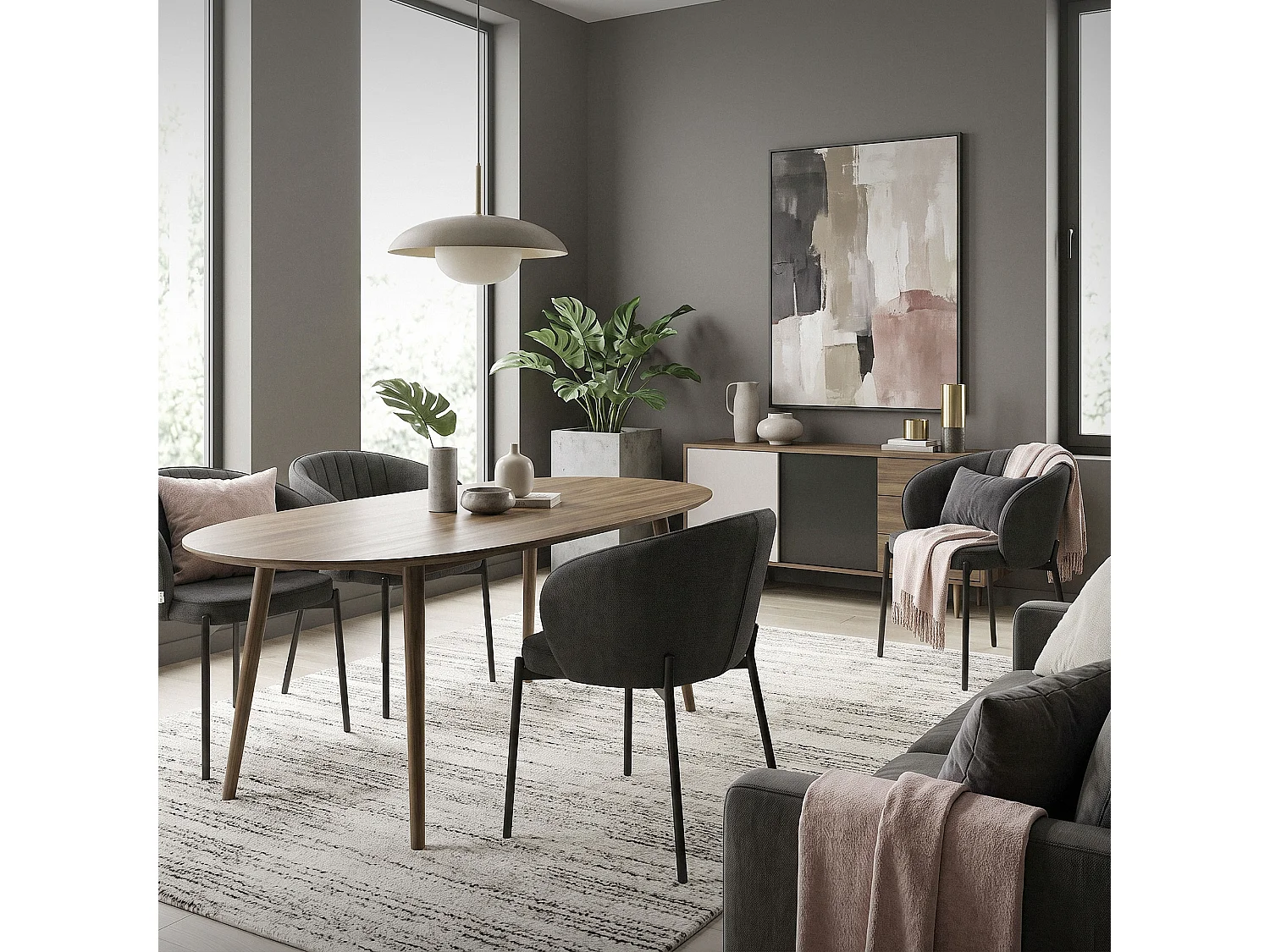 ML-Design 4x Sillas de comedor antracita con revestimiento de tela, asiento sofá de salón con respaldo, mueble de cocina tapizado con patas de metal