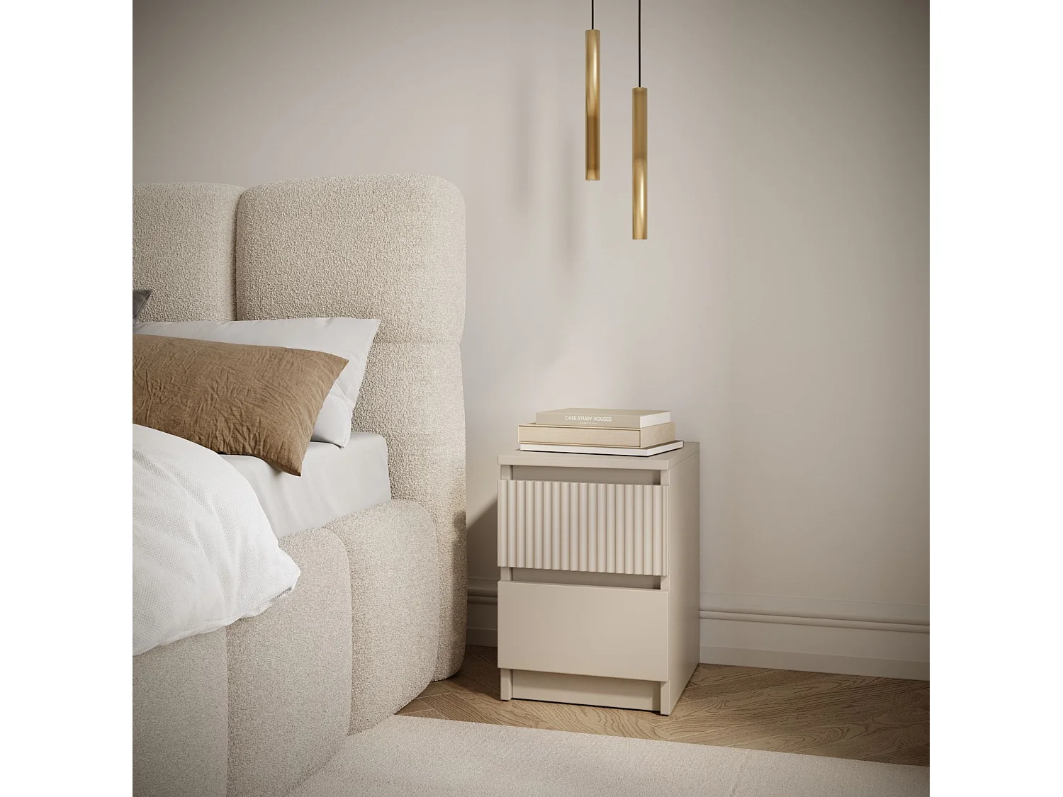 Table de chevet avec façade à rainures et deux tiroirs – 30 cm – gris cachemire – Sandia