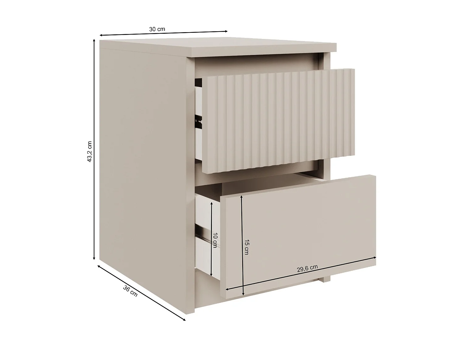 Table de chevet avec façade à rainures et deux tiroirs – 30 cm – gris cachemire – Sandia