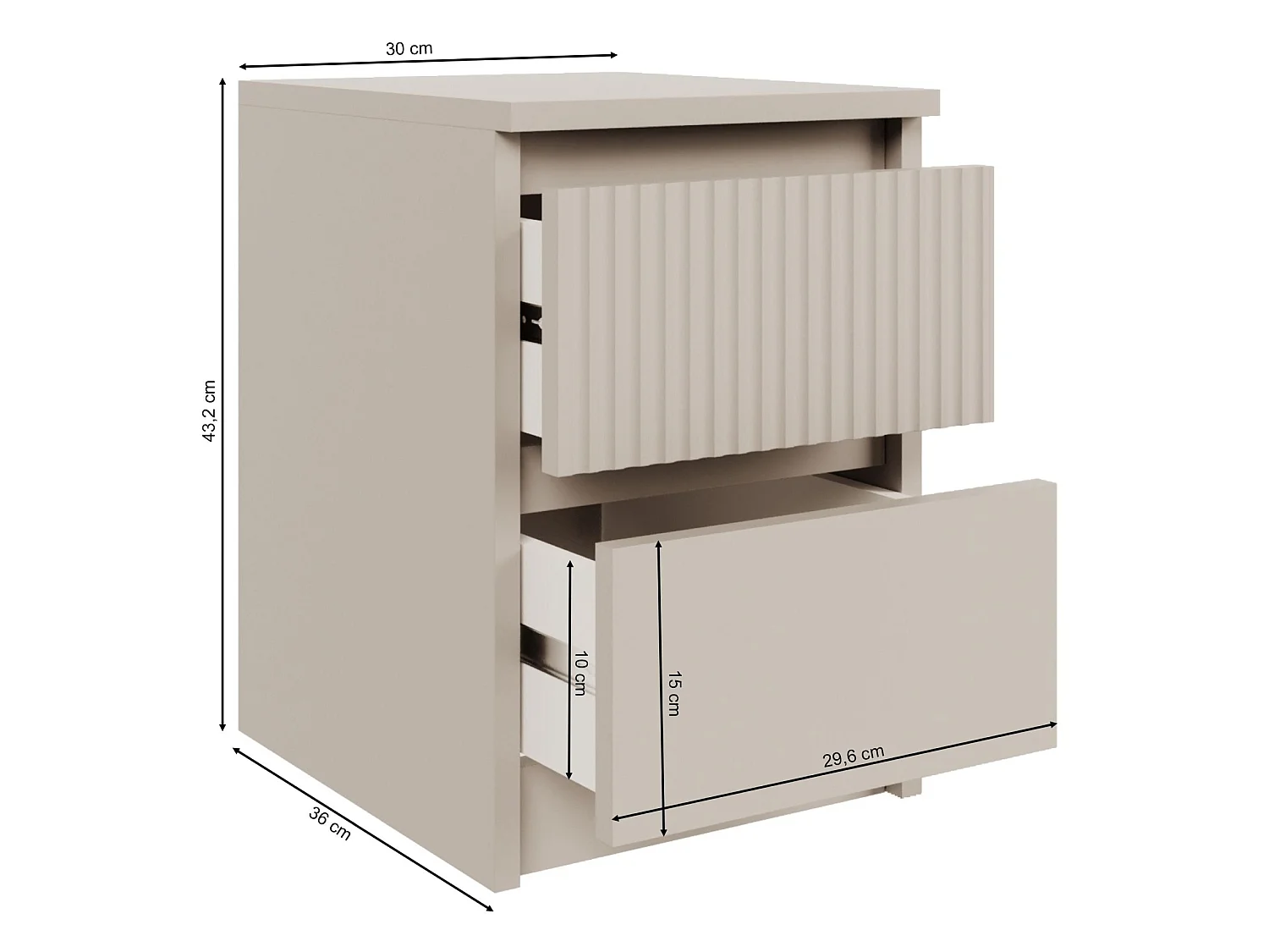 Table de chevet avec façade à rainures et deux tiroirs – 30 cm – gris cachemire – Sandia