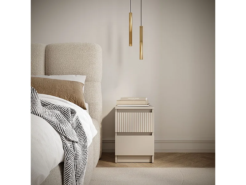 Table de chevet avec façade à rainures et deux tiroirs – 30 cm – gris cachemire – Sandia