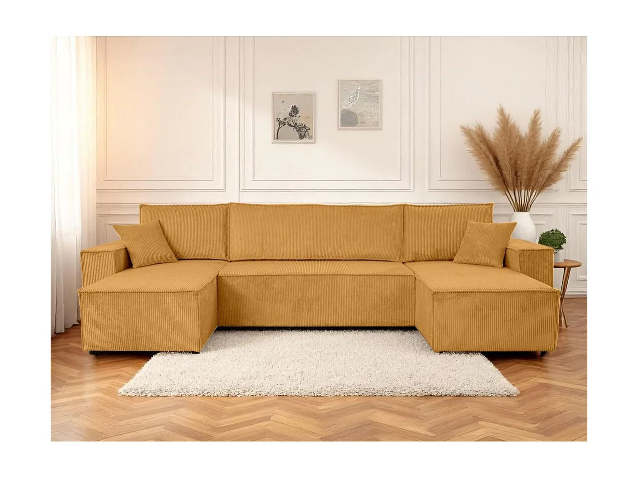 Canapé d'angle FARAH panoramique convertible 6 places en velours cotelé - Jaune
