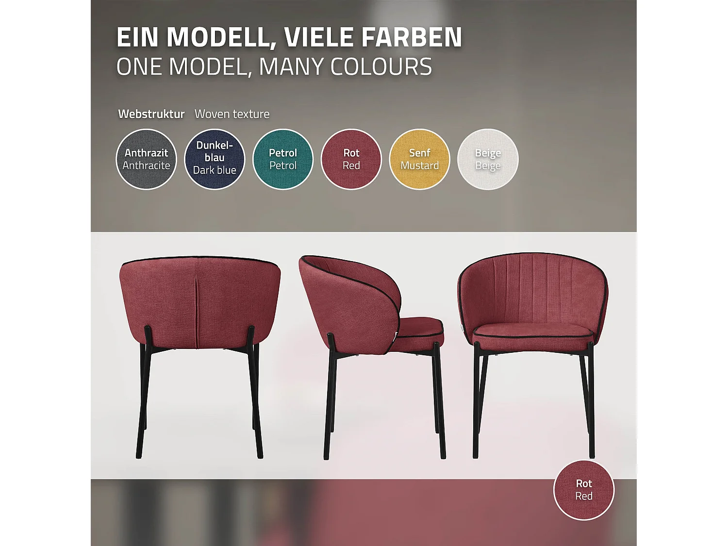 ML-Design 2x Sillas de comedor rojo con revestimiento de tela, asiento sofá de salón con respaldo, mueble de cocina tapizado con patas de metal
