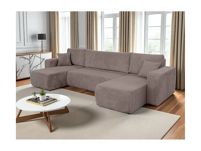 Canapé d'angle ALYA panoramique convertible 6 places en velours cotelé - Marron glacé