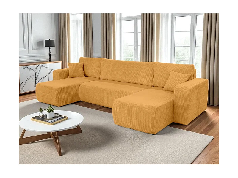 Canapé d'angle ALYA panoramique convertible 6 places en velours cotelé - Jaune