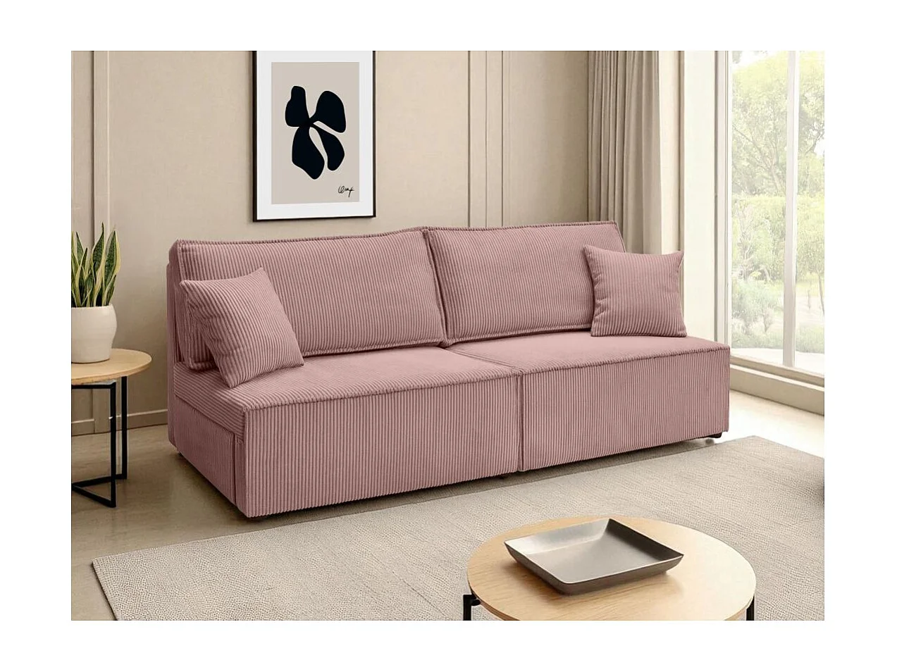 Canapé convertible 3 places FIONA sans accoudoirs coffre de rangement velours côtelé - Rose