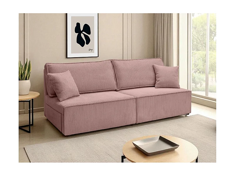 Canapé convertible 3 places FIONA sans accoudoirs coffre de rangement velours côtelé - Rose